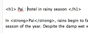 post-5 การใส่ หัวข้อเรื่องโดยพิมพ์ปิดเปิด h1 และ ใส่ตัวหนา strong ที่คำว่า pai ในโหมด HTML