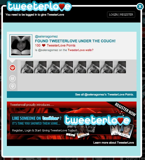 tweeterlovewall-12 กดปุ่มรูปหัวใจในครั้งแรก จะปรากฏหน้าต่างนี้ สังเกตปุ่ม register ด้านบนขวา