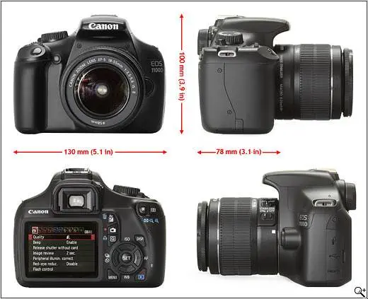 มิติของ EOS 1100D จะเห็นว่าใหญ่กว่า 1000D เล็กน้อย มิติของ EOS 1100D จะเห็นว่าใหญ่กว่า 1000D เล็กน้อย มีน้ำหนัก 495 กรัม