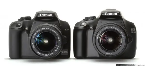 EOS 1100D ด้านขวา มีขนาดใหญ่กว่า EOS 1000D ด้านซ้ายเล็กน้อย EOS 1100D ด้านซ้าย มีขนาดใหญ่กว่า EOS 1000D ด้านขวาเล็กน้อย
