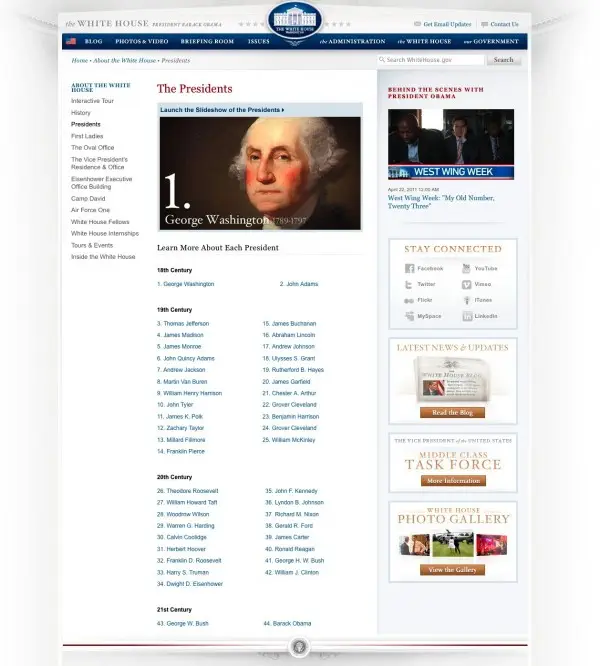 เว็บไซต์ whitehouse.gov มีหน้าแสดงทำเนียบประธานาธิบดีสหรัฐอเมริกาในอดีต เว็บไซต์ whitehouse.gov มีหน้าแสดงทำเนียบประธานาธิบดีสหรัฐอเมริกาในอดีต