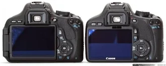 ด้านหลังของ EOS 600D ตัวด้านซ้ายค่อนข้างเหมือน EOS 60D ทั้งจอและปุ่ม ส่วน 550D อยู่ด้านขวา ด้านหลังของ EOS 600D ค่อนข้างเหมือน EOS 60D ทั้งจอและปุ่ม