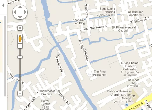 google street view มีไอคอนรูปคนด้านซ้ายสีเหลือง ลากมาวางที่ถนนที่เป็นสีฟ้า